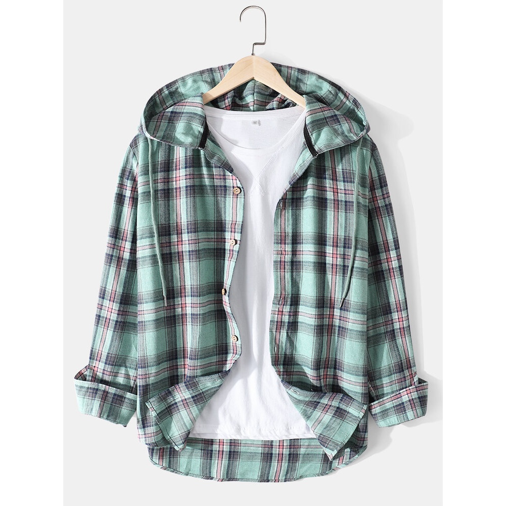Mens Plaid Cotton Relaxed Fit Long Sleeve Drawstring Hooded Shirts - Light Green S