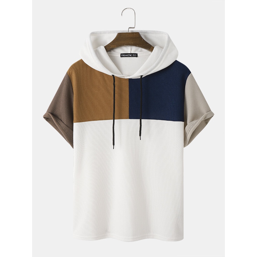 Mens Waffle Knit Color Block Hooded Patchwork Casual T-Shirts - White S