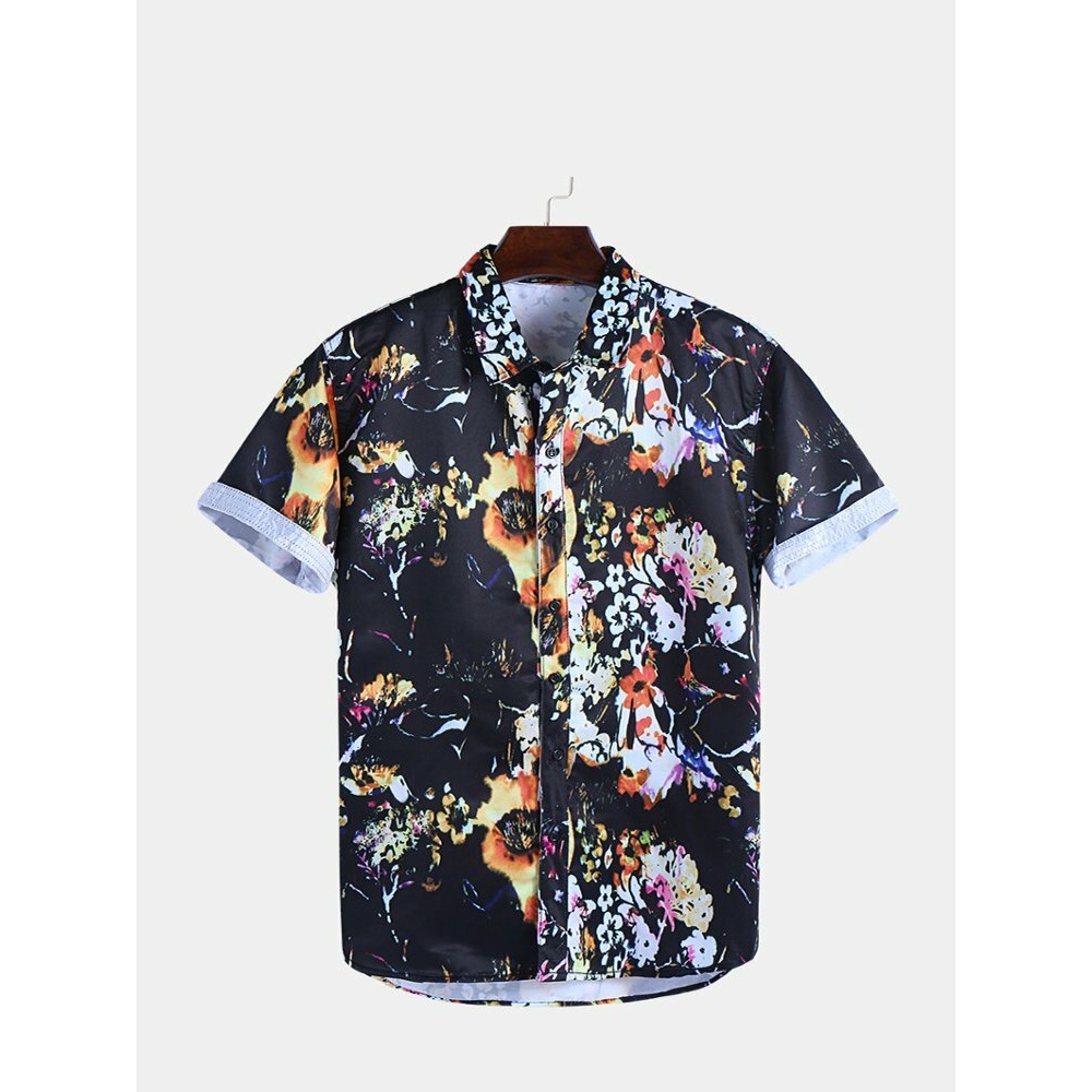 Men Universe Floral Print Short Sleeve Hawaiian Shirts - XL Black