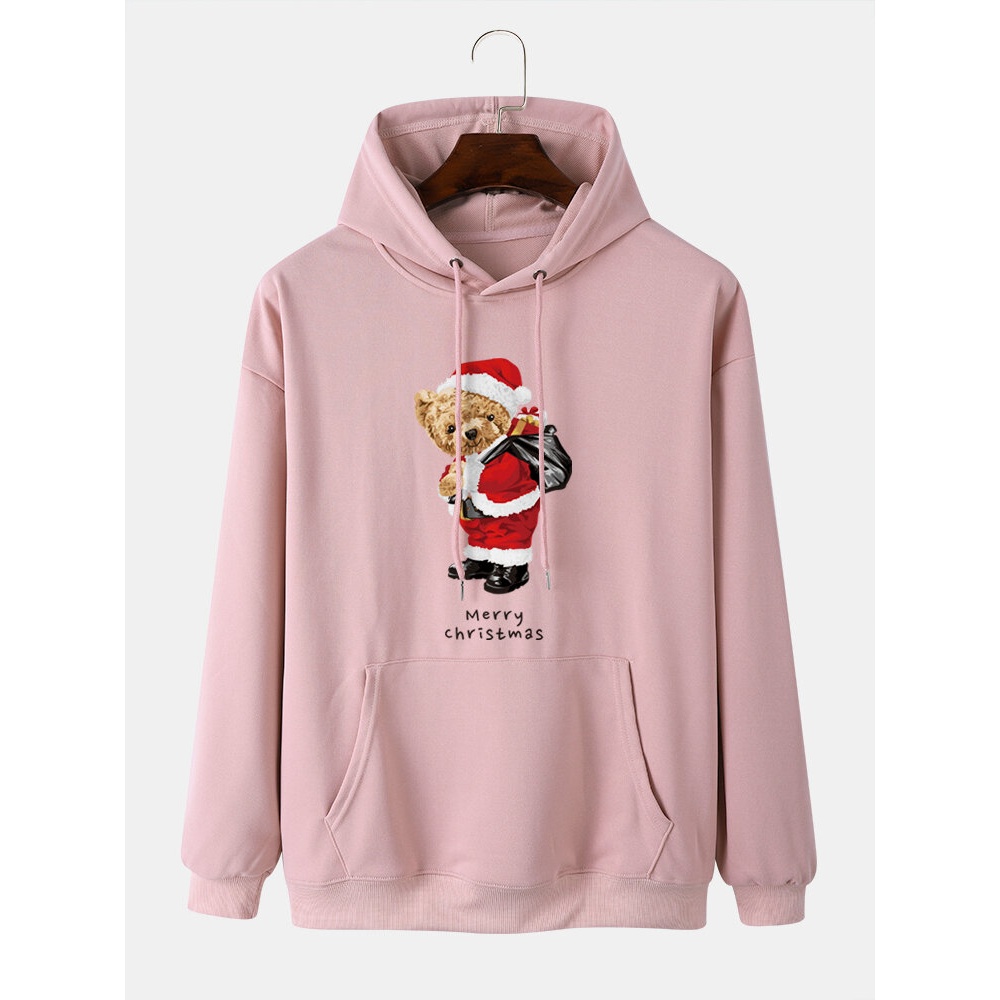 Men  Teddy Bears Drawstring Long Sleeve Casual Hooded Sweatshirt - White S