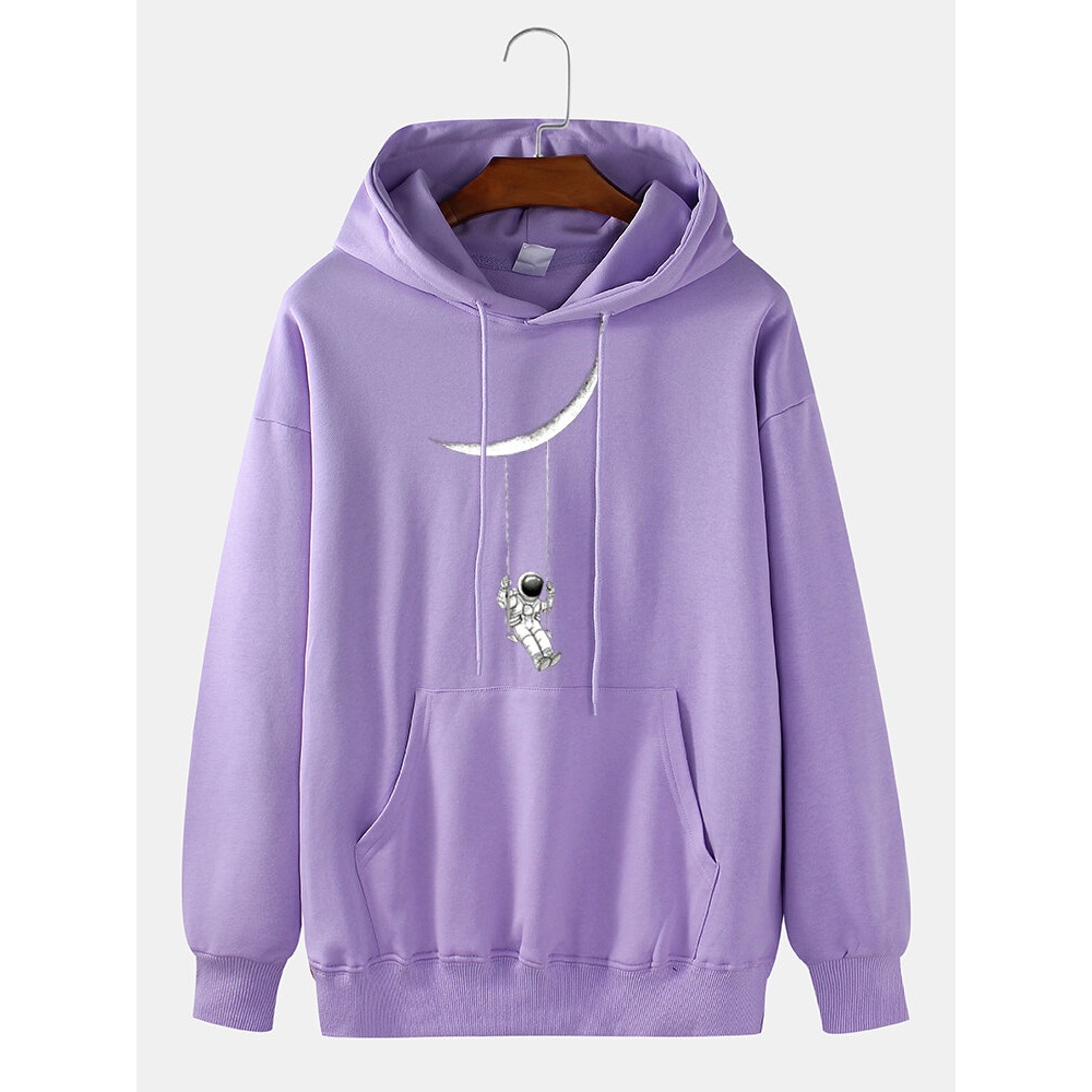 Mens Cartoon Astronaut Print Solid 100% Cotton Casual Pullover Hoodie - Pink M