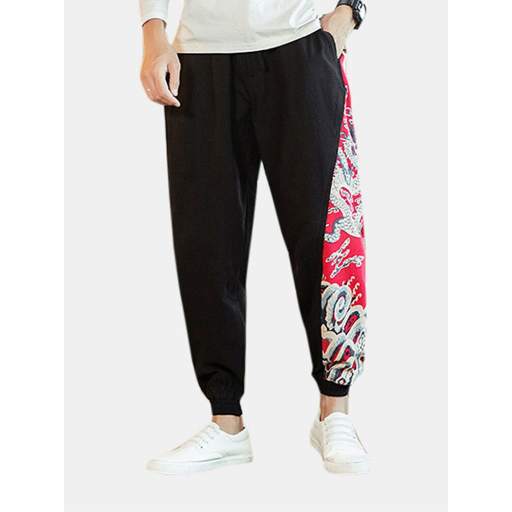 Mens Chinese Ethnic Style Printing Casual Harem Pants - 2XL Grey