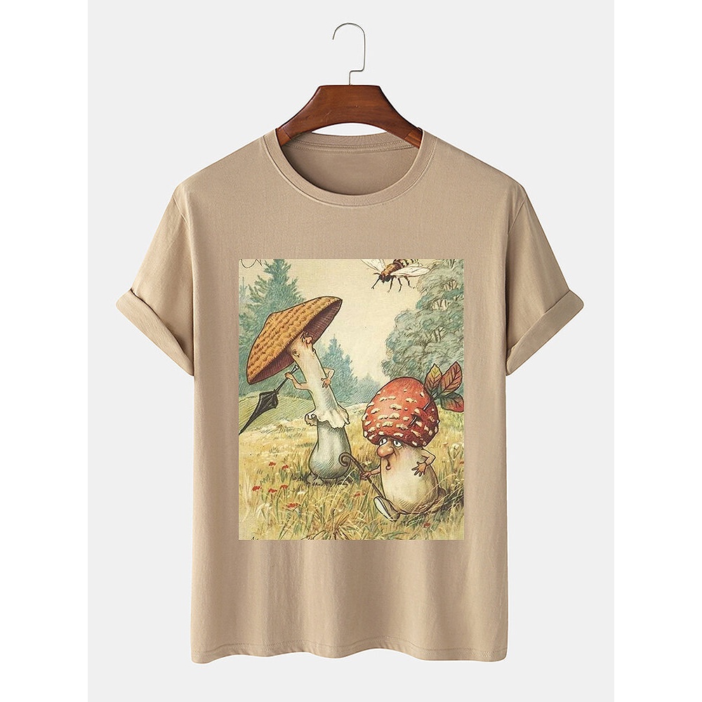 Mens Mushroom Cartoon Box Print 100% Cotton Short Sleeve T-Shirt - Apricot M