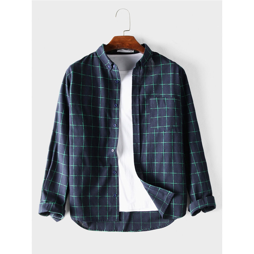 Mens Plaid Chest Pocket Button Up Long Sleeve Classic Shirts - Green M