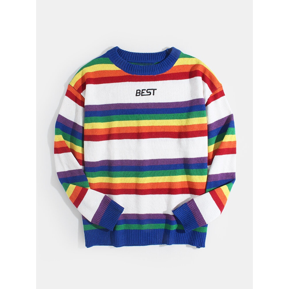 Mens Colorful Horizontal Stripe Letter Embroidery Knit Casual Pullover Sweaters - S White
