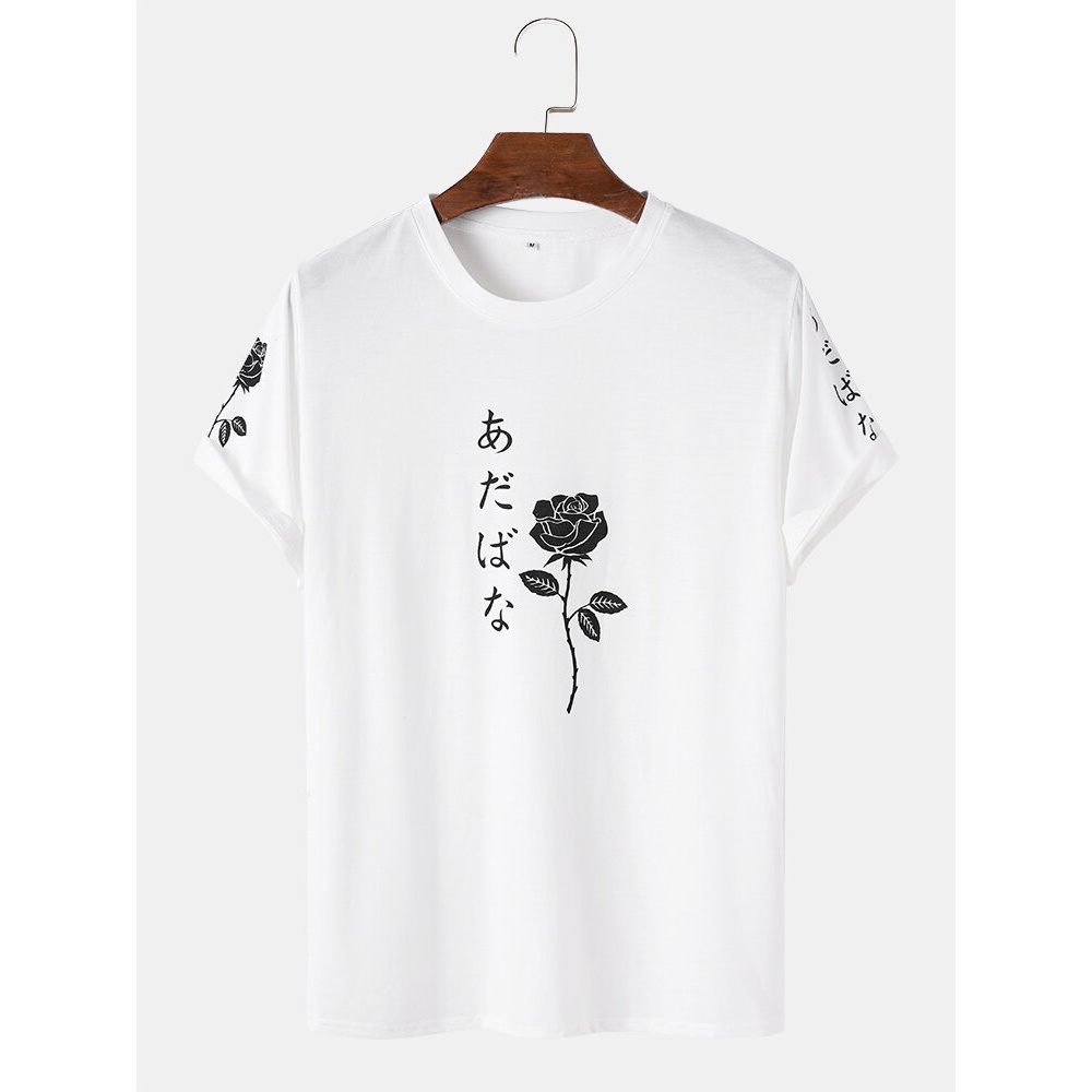 Men Japanese Characters & Rose Print Short Sleeve T-Shirts - White S