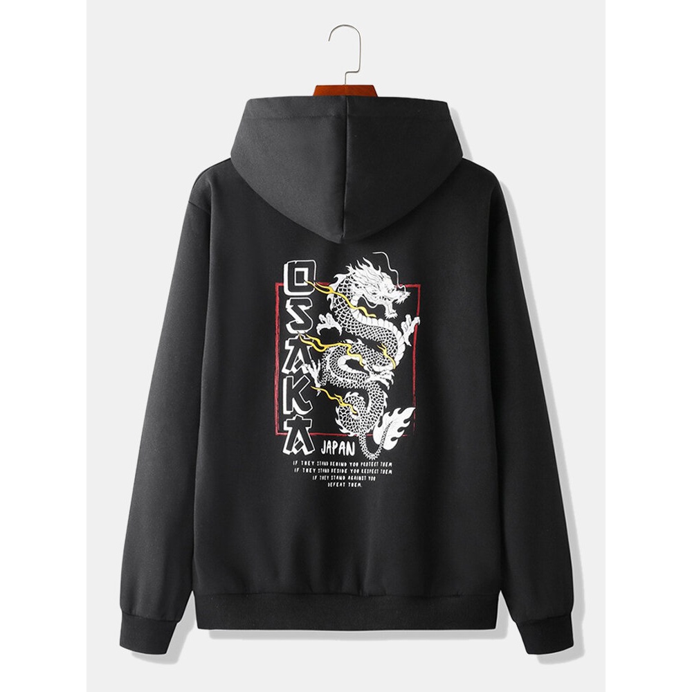 Mens Japanese Style Dragon Back Print Stylish Daily Pullover Hoodie - Black M
