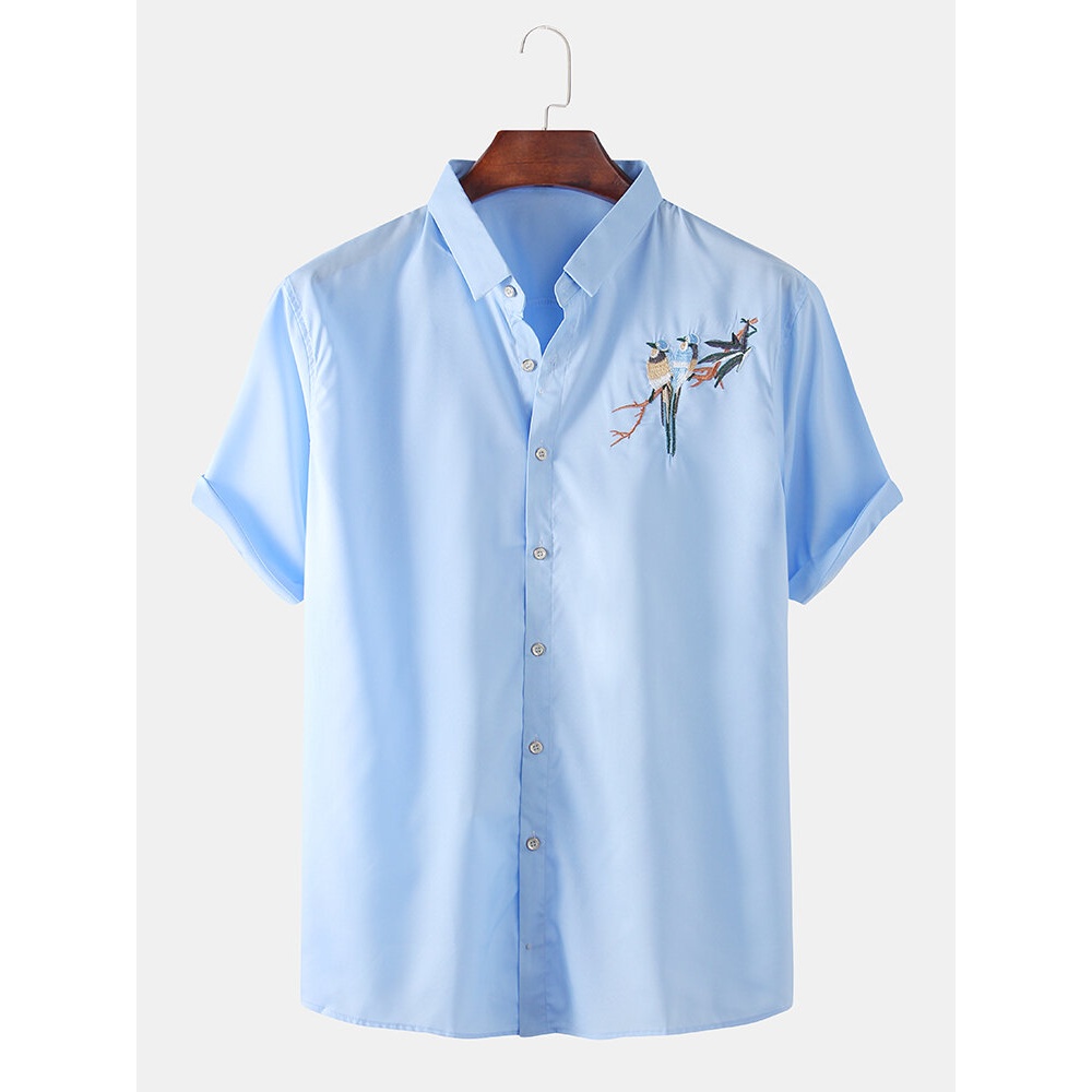 Mens Magpie Embroidery Solid Turn Down Collar Short Sleeve Shirts - White L