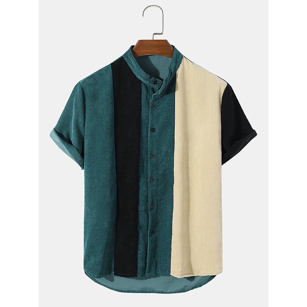 Mens Corduroy Stand Collar Casual Shirts - Blue S