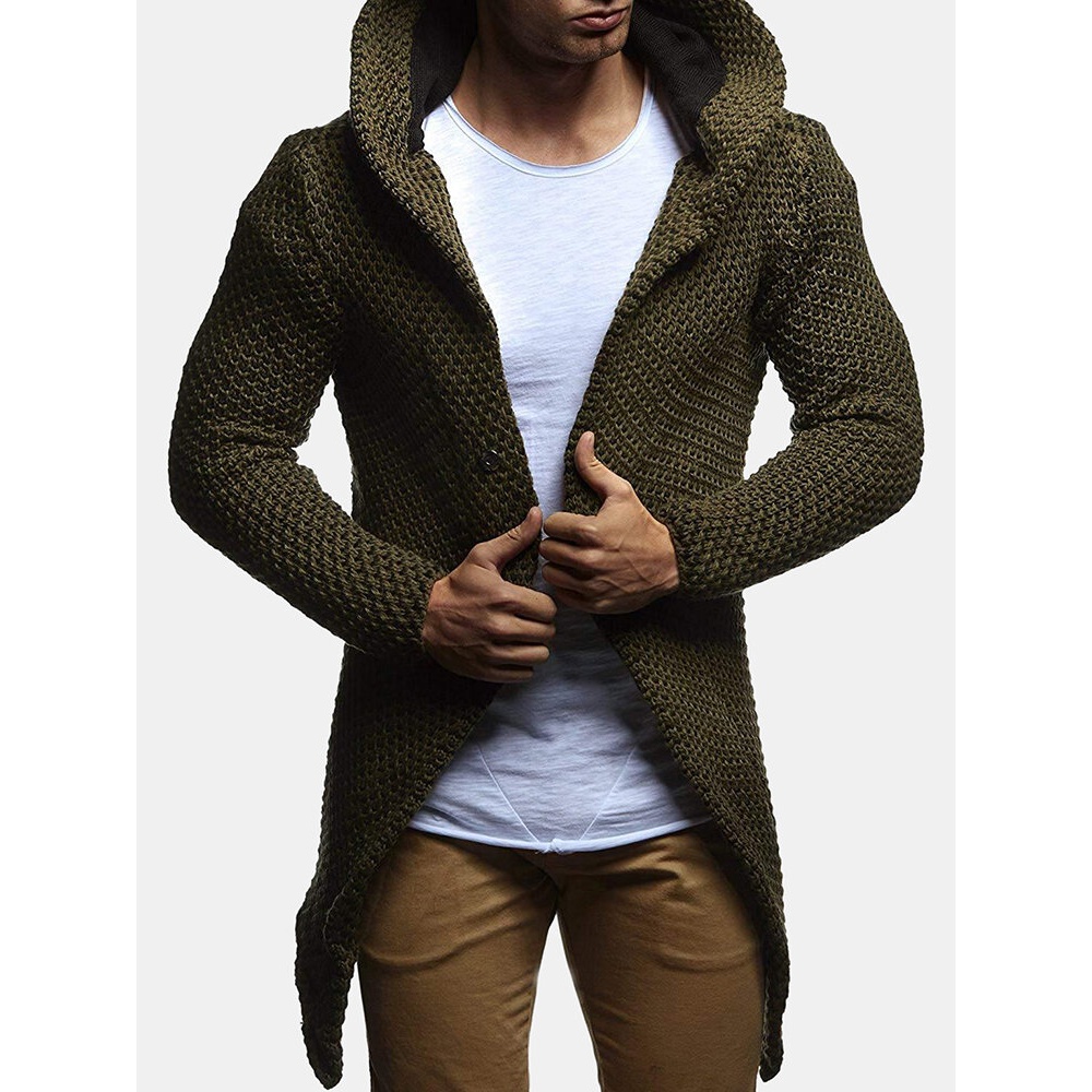 Men's Fashion Hooded cardigan sweaters coat sweater Mid-long knitting Hoodies - L Black
