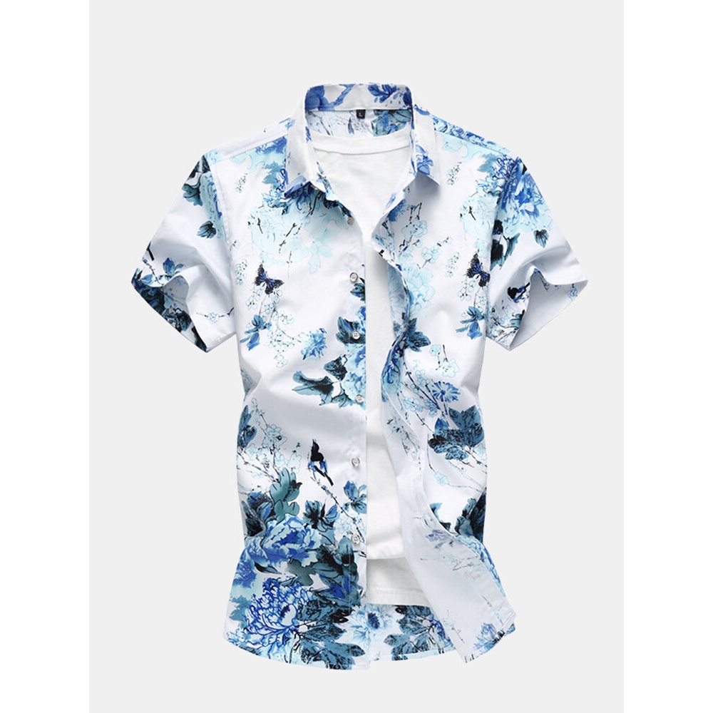 Mens floral shirt Hawaii style holiday casual short-sleeved shirts - L White