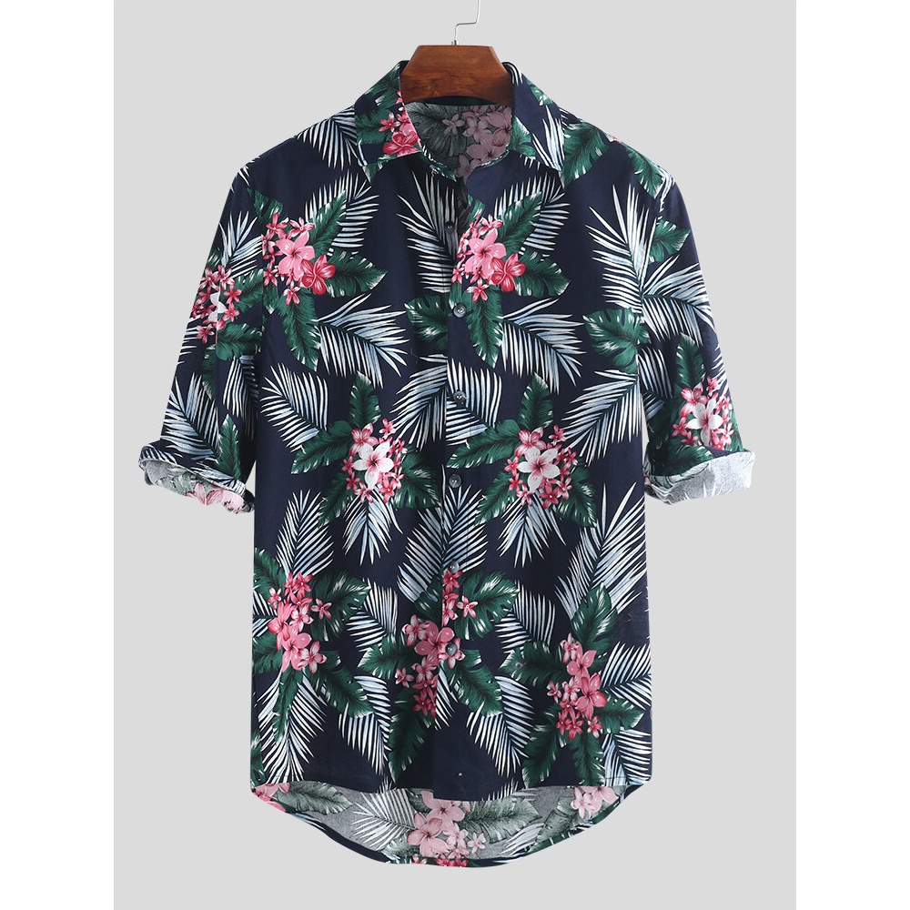 ChArmkpR Men Tropical Plants Printed Hawaiian Casual Shirts - 2XL Dark Blue