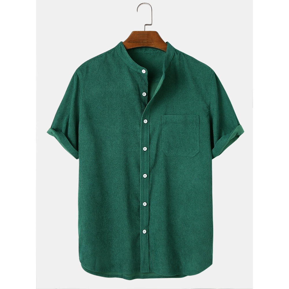 Mens Corduroy Stand Collar Solid Button Up Short Sleeve Shirts With Pocket - Green M