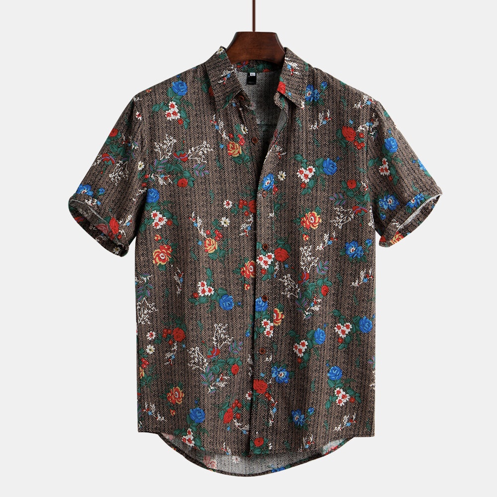 Mens Causal Floral Printing Buttons Fly Shirts - M Grey