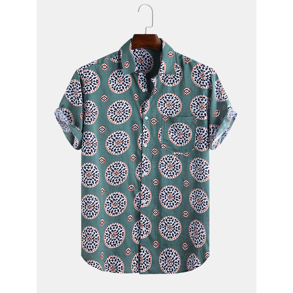 Men Printed Turn Down Collar Short Sleeve Shirts - 2XL Navy