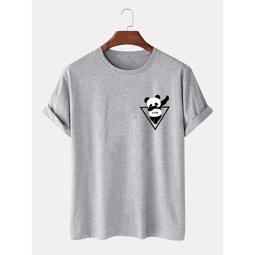 Mens 100% Cotton Cartoon Panda Print Short Sleeve T-Shirts - Black M
