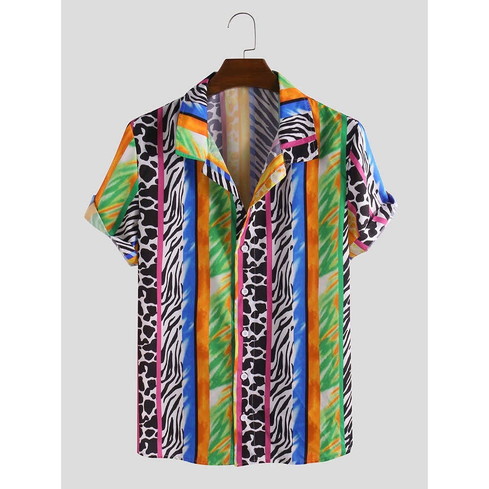 Men Zebra Cow Mixed Pattern Print Short Sleeve Shirts - M Orange