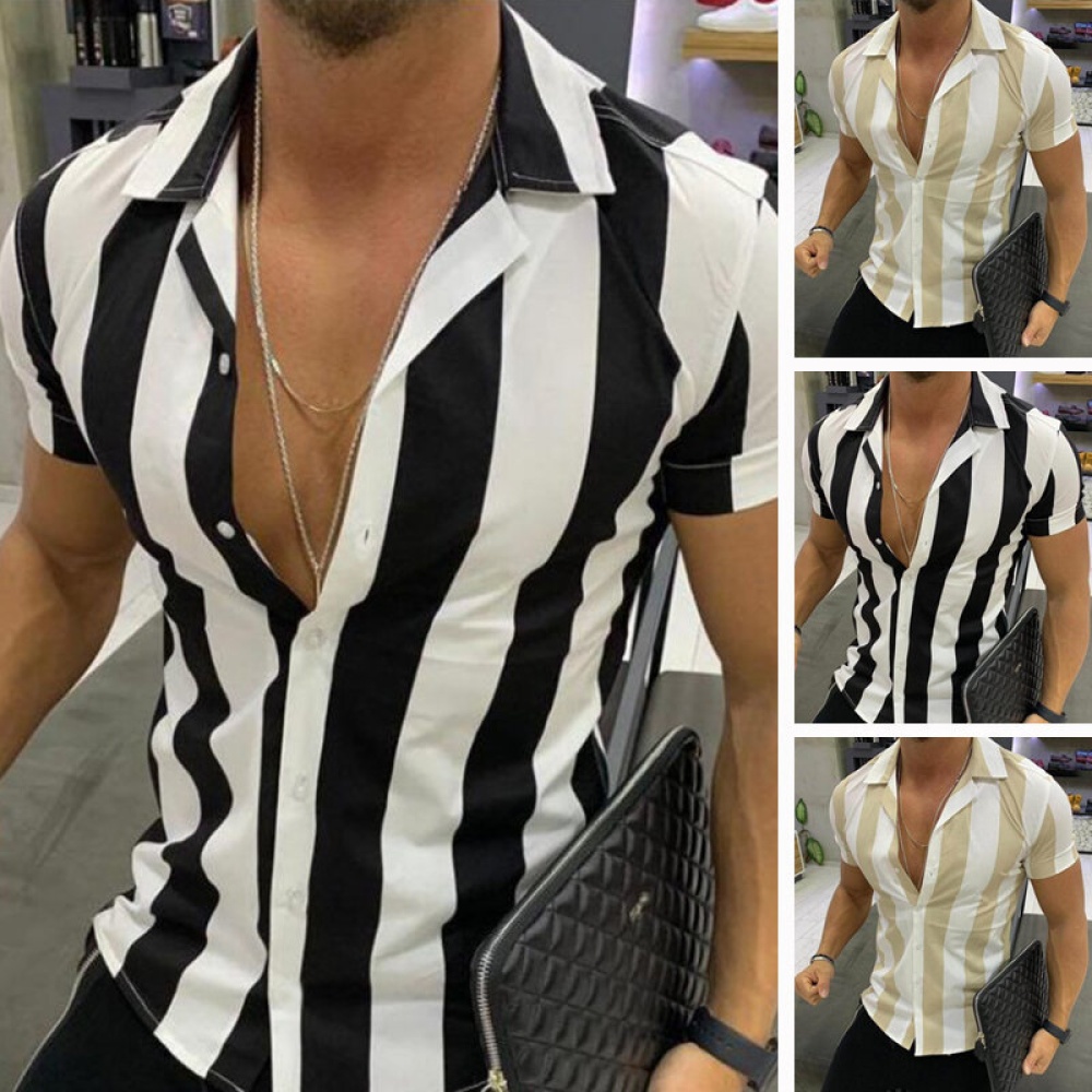 Men's Short Sleeve Loose Fit Shirts Bohemian Party Holiday Button Down Tees Tops - 2XL Black