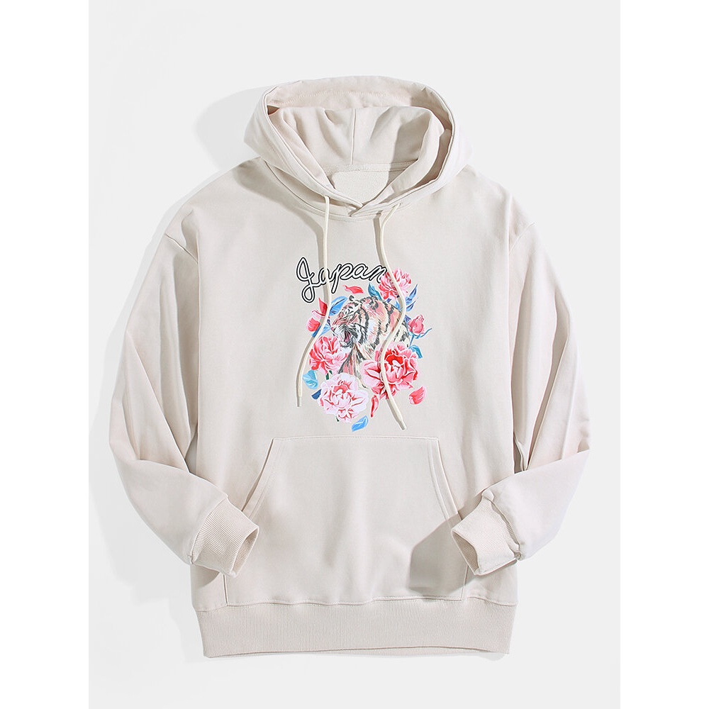 Mens Floral & Tiger Print Simple Kangaroo Pocket Long Sleeve Hoodies - Khaki M