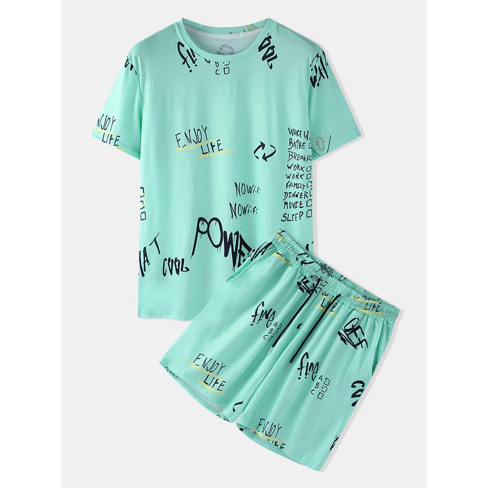Mens Graffiti Letter Print Light Loose Drawstring Shorts Casual Set - Green 2XL