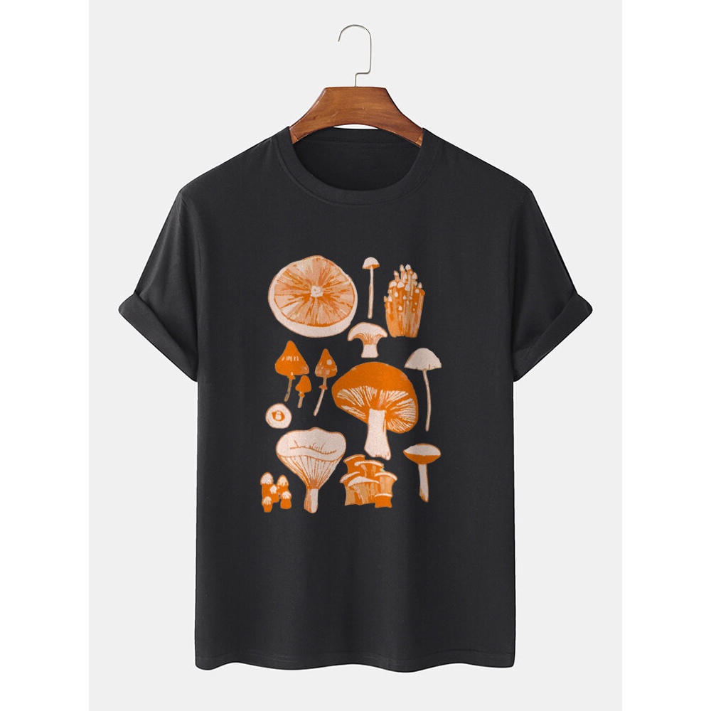 Mens 100% Cotton Vintage Mushroom Print O-Neck Short Sleeve Casual T-Shirt - Black M