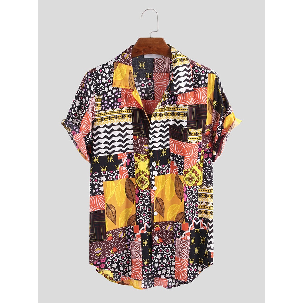 Mens Summer Ethnic Printed Colorful Casual Shirts - 2XL Red