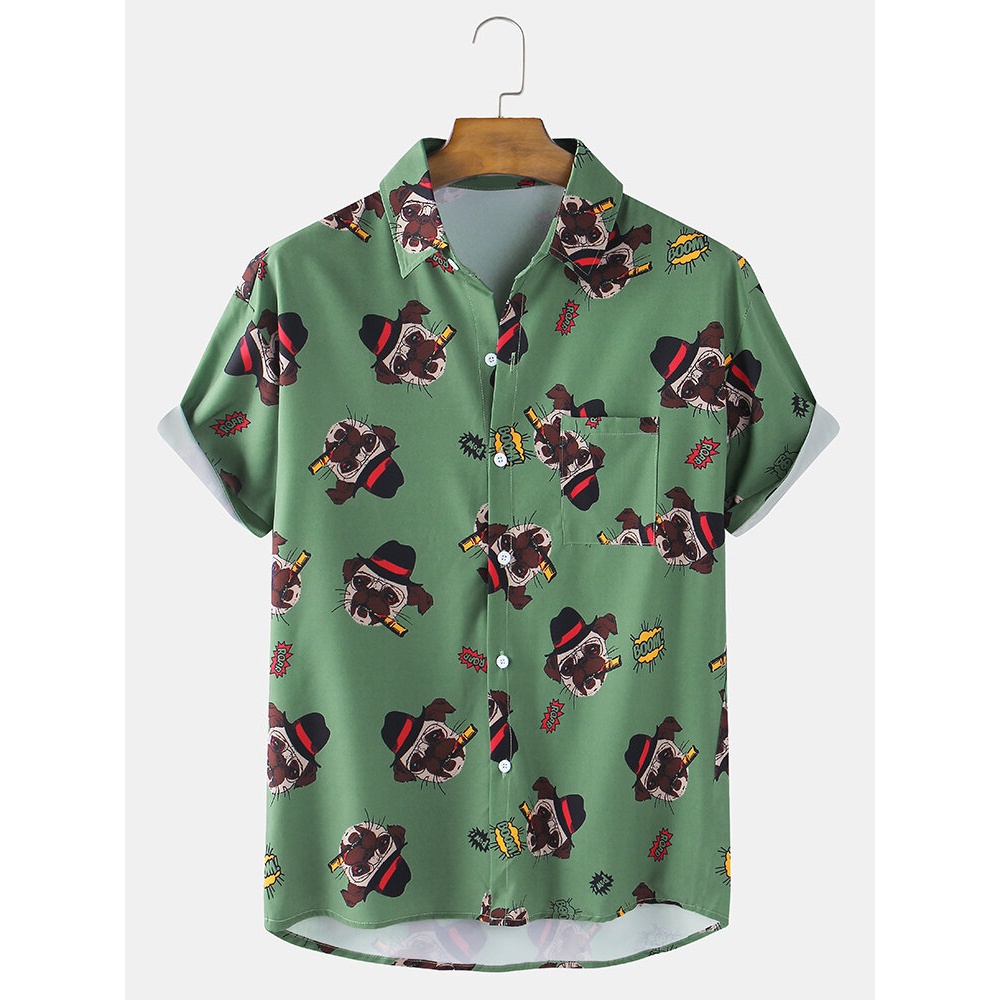 Mens Cartoon Dog Print Turn Down Collar Short Sleeve Shirts - White M