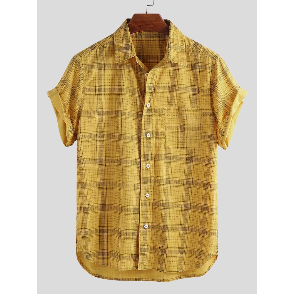 Men Check Longline Short Sleeve Shirts - 2XL White