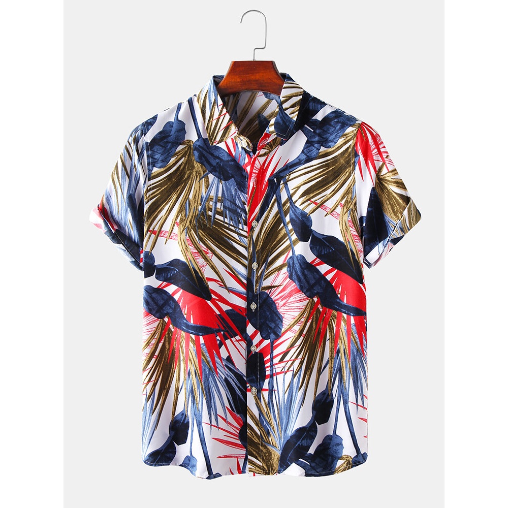 Mens Tropical Leaves Print Lapel Collar Short Sleeve Shirts - White L