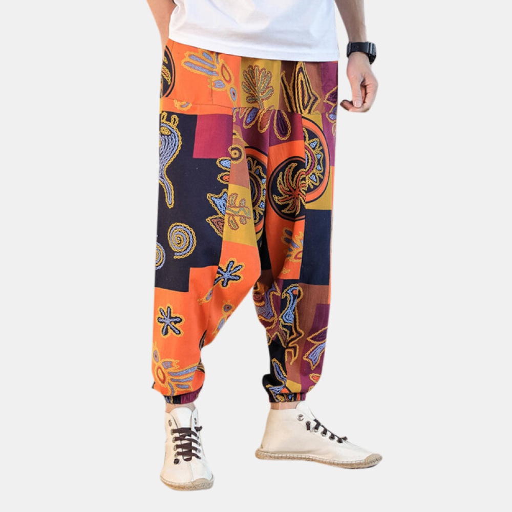 Men's Hip-hop Printing Cotton Linen Mid Waist Casual Pants - S Orange - Image 2