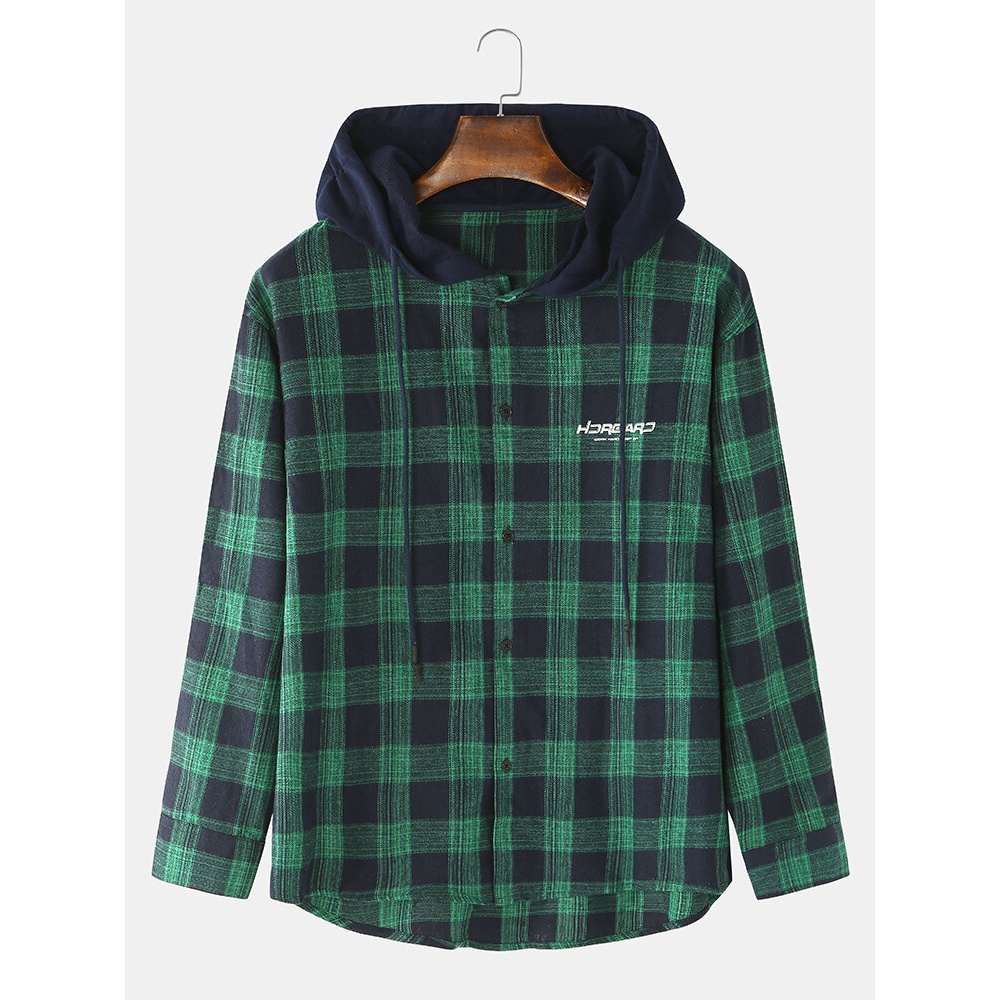Mens Check Letter Back Print Casual Loose Fit High Low Hem Button Drawstring Hoodies - Green 2XL