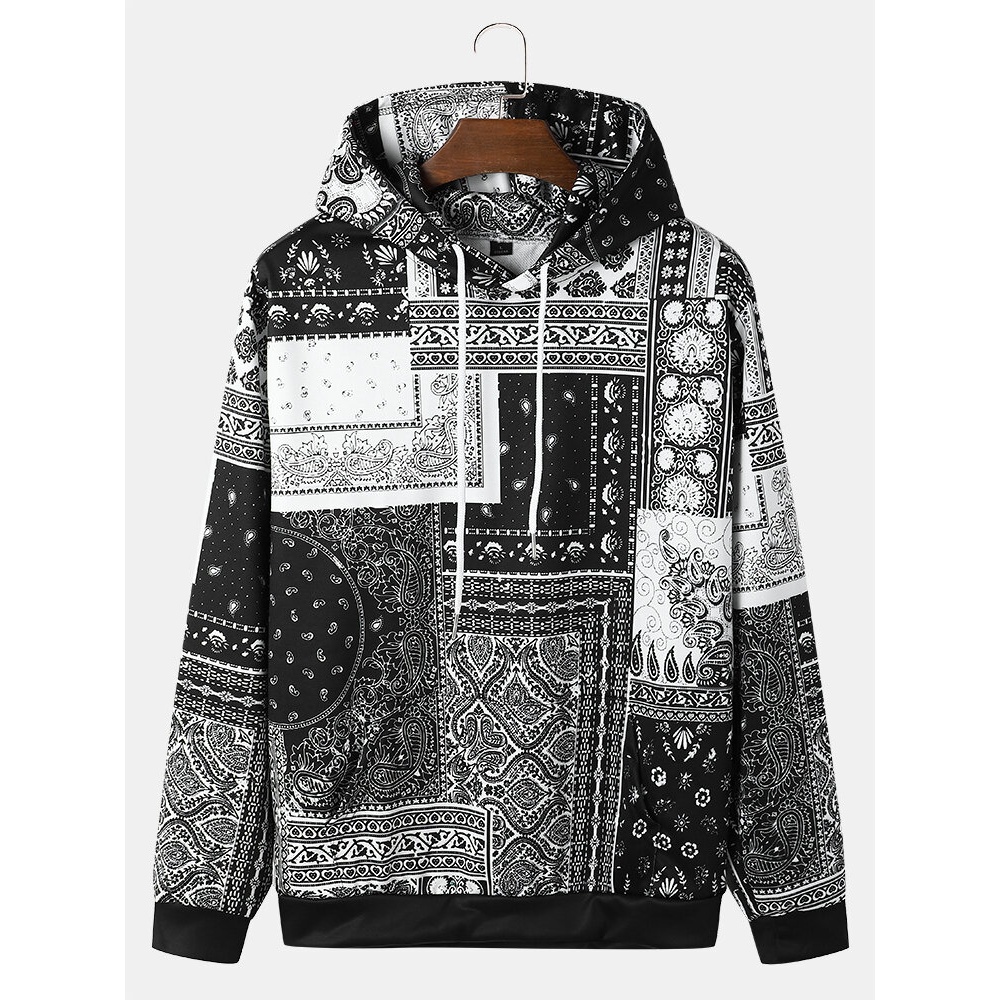 Men Retro Paisley Ethnic Contrast Front Pocket Drawstring Hoodies - Black M