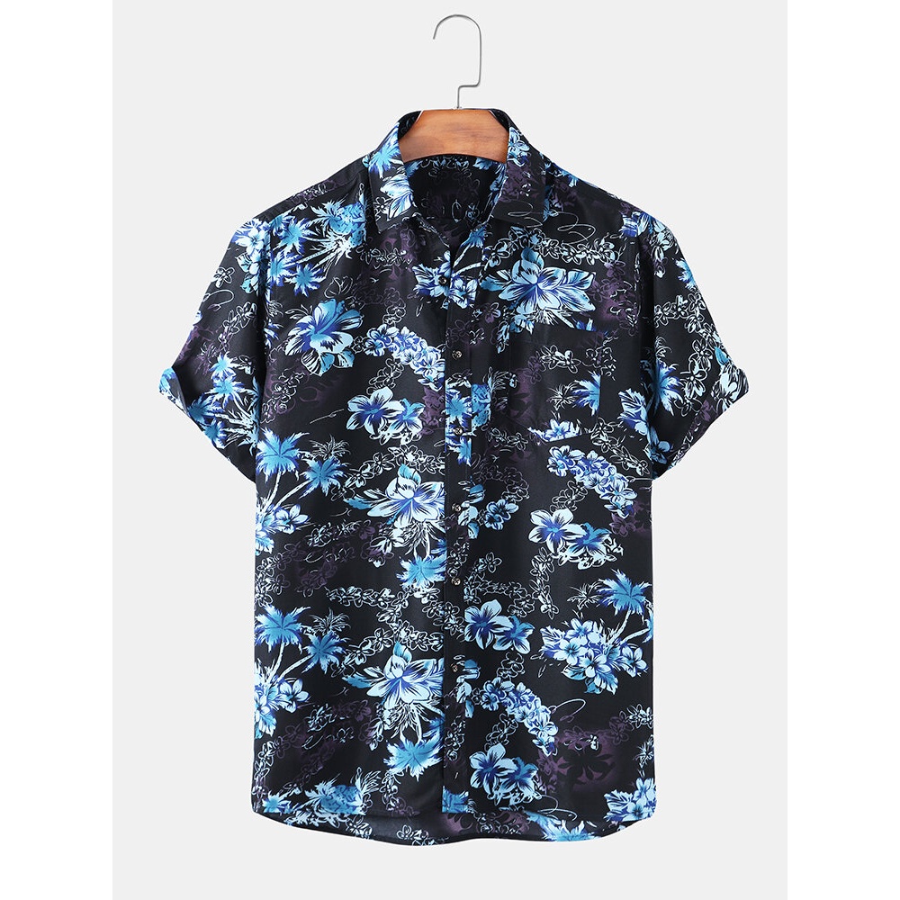 Banggood Special Offers Casual Tropical Floral Print Turn Down Colalr Short Sleeve Shirts - Dark Blue M