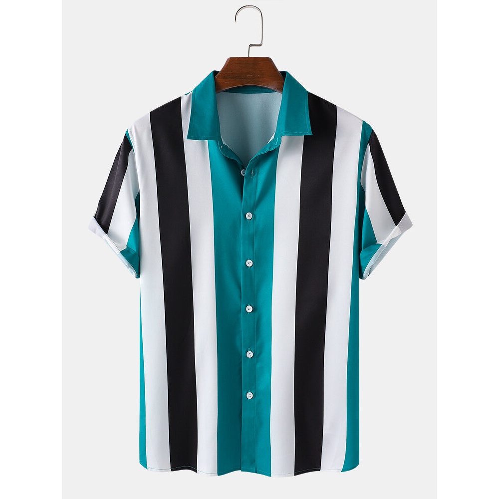 Mens Wide Striped Turn Down Collar Short Sleeve Shirts - Green S