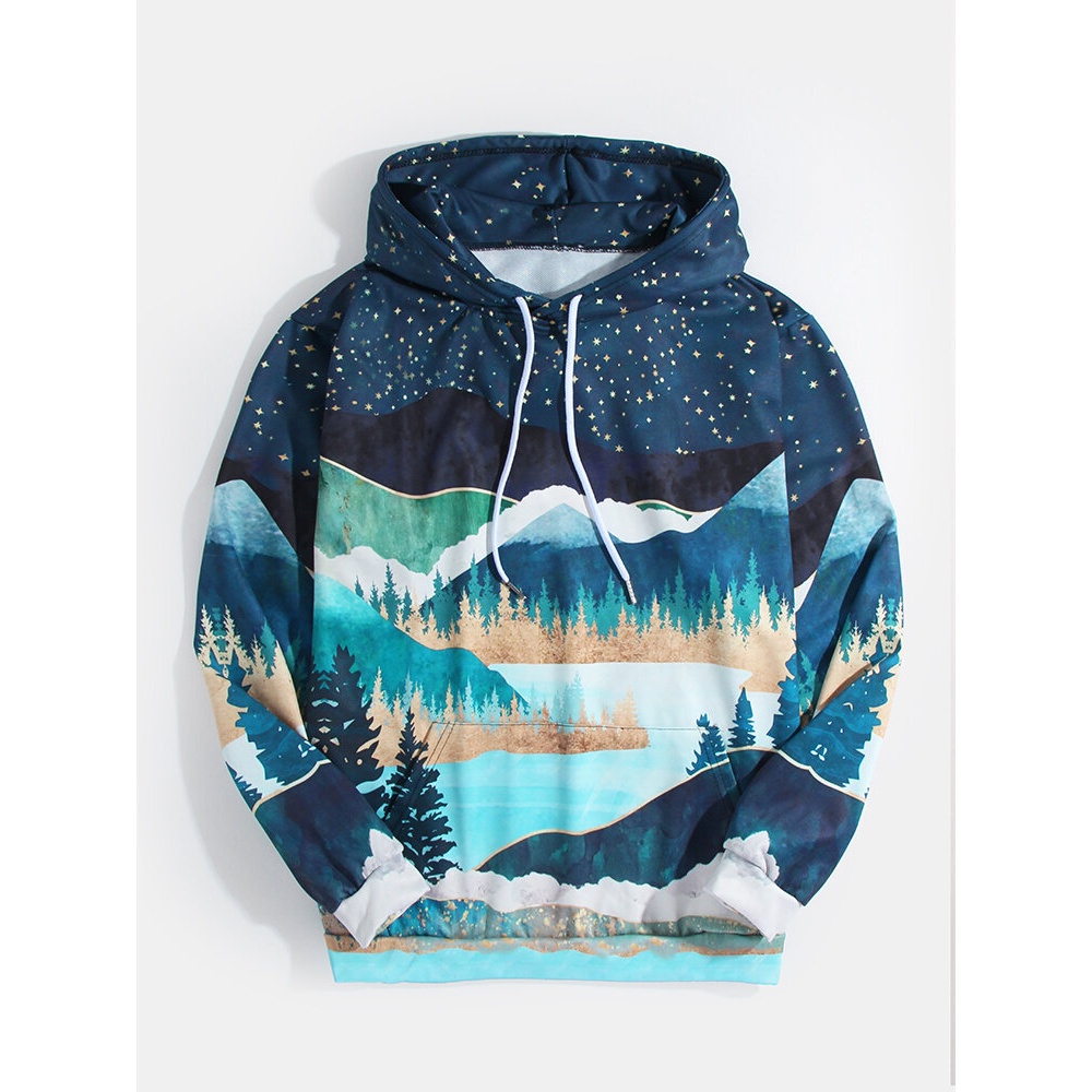 Mens Night Mountain Landscape Drawstring Hoodies With Kangaroo Pocket - M Black