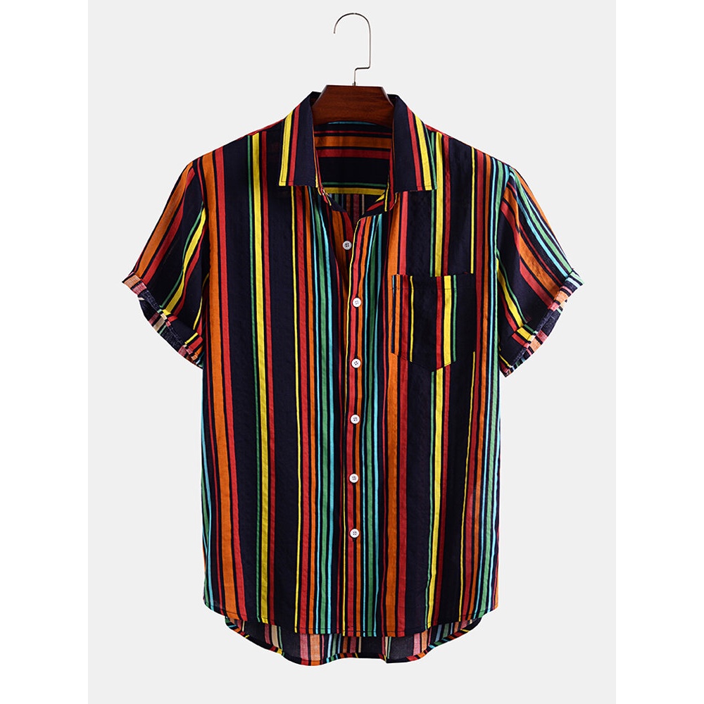 Men Colorful Stripe Printed Pocket Holiday Short Sleeve Shirts - Orange M