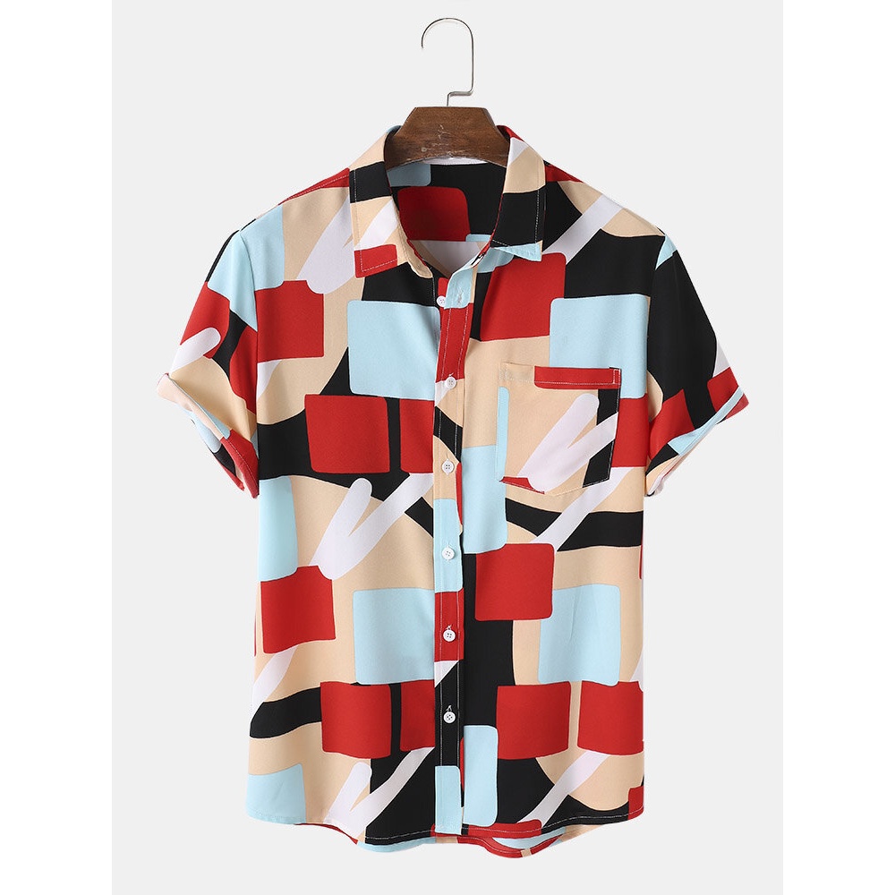 Mens Holiday Colorblock Pocket Short Sleeve Casual Shirts - Black S