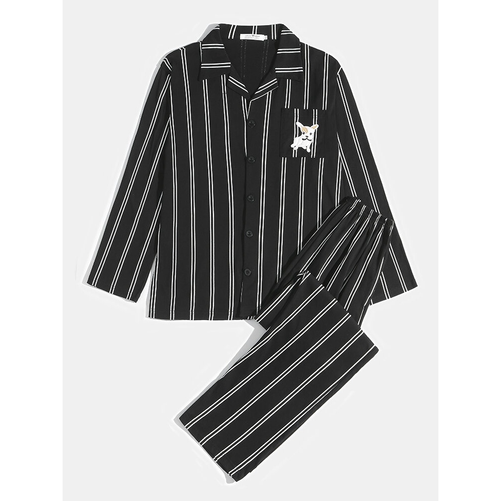 Mens Striped Cute Dog Embroidery Cotton Lapel Two-Piece Home Pajamas Sets - Black S