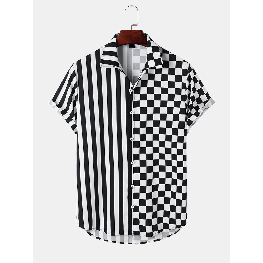 Mens Casual Stripe Plaid Patchwork Short Sleeve Shirts - Black 5XL
