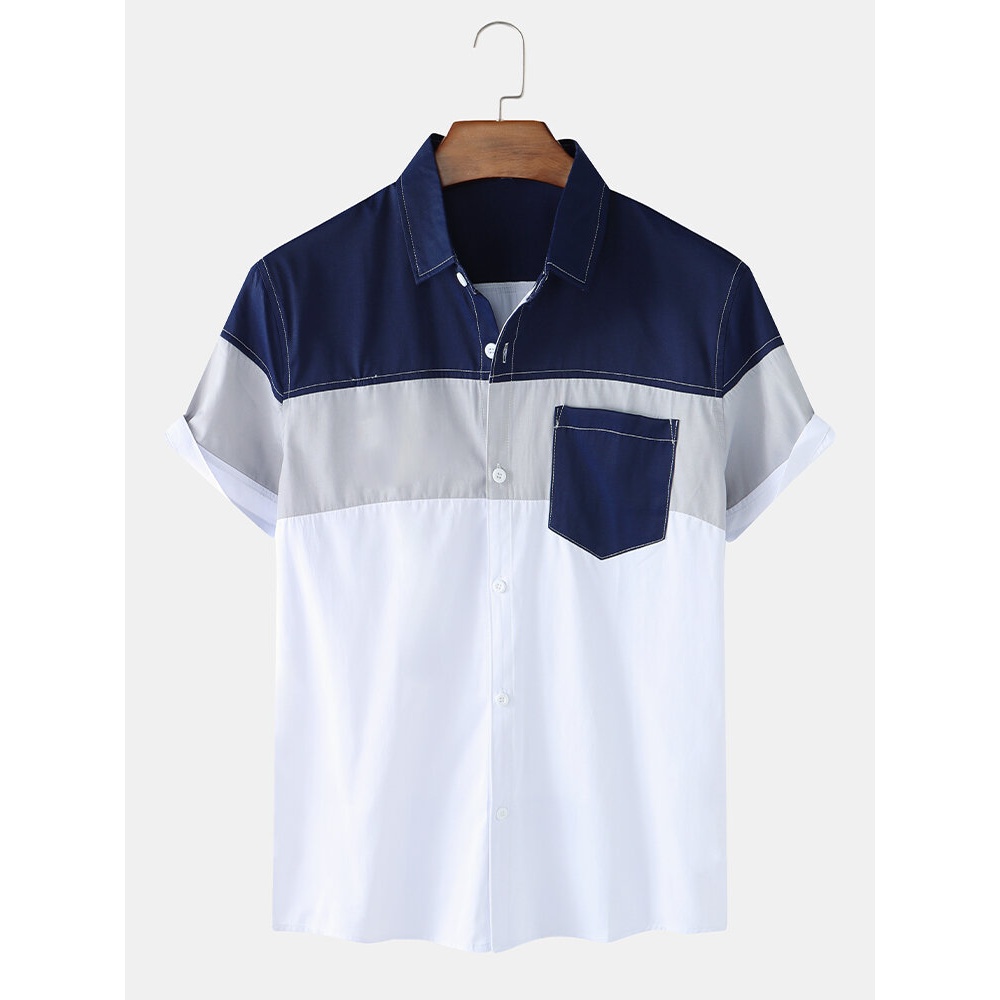 Mens Panel Stitching Pocket Button Up Lapel Short Sleeve Shirts - Blue 2XL