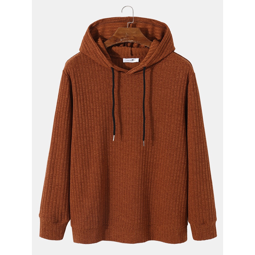 Mens Solid Knitted Drawstring Corduroy Hoodie - Brown S