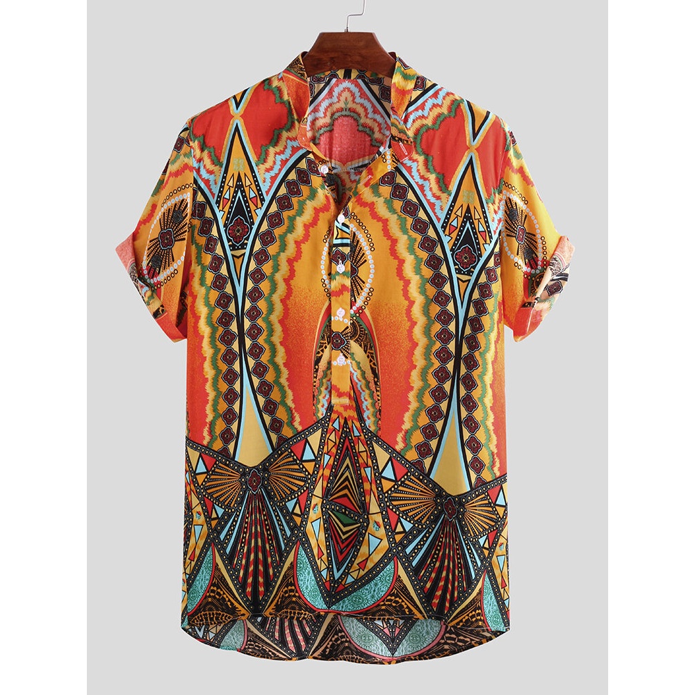 Mens Summer Stand Collar Ethnic Printed Casual Henley Shirts - 2XL Yellow