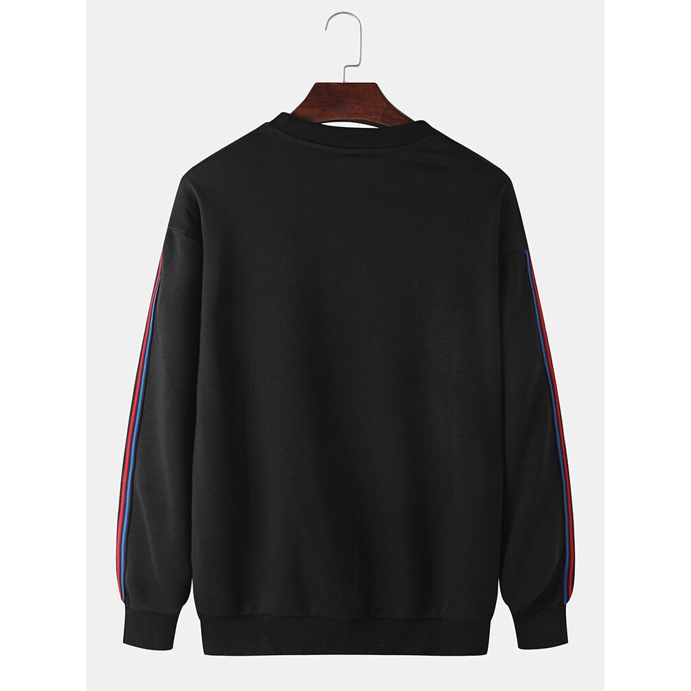 Cotton Mens Side Wbeeing Patchwork Round Neck Pullover Black Casual Sweatshirts - Black 2XL