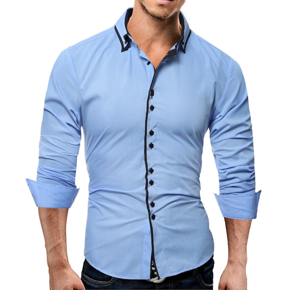Mens Casual Solid Color Slim Fit Turn Down Collar Long Sleeve Shirts - S White