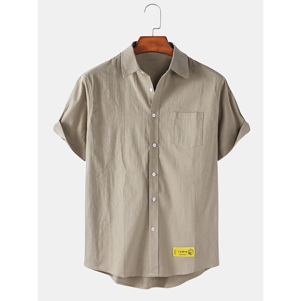 Mens Cotton Solid Turn Down Collar Short Sleeve Shirts - White 3XL