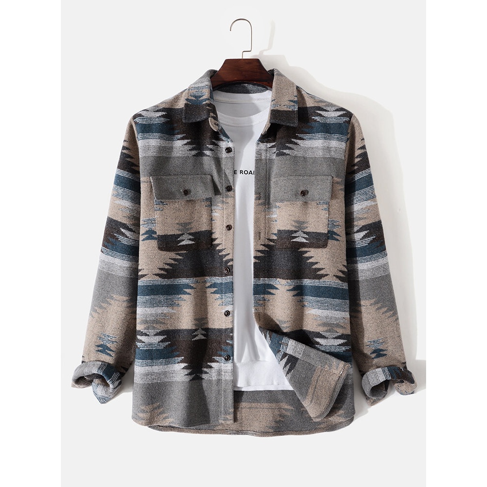 Men Printed  Tree Pockets Lapel Button Casual Shirts - Khaki S