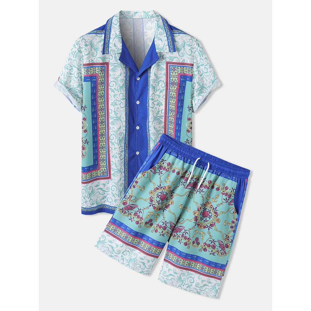 Mens Casual Baroque Style Suit Ethnic Pattern Print Shirts Shorts - Green S