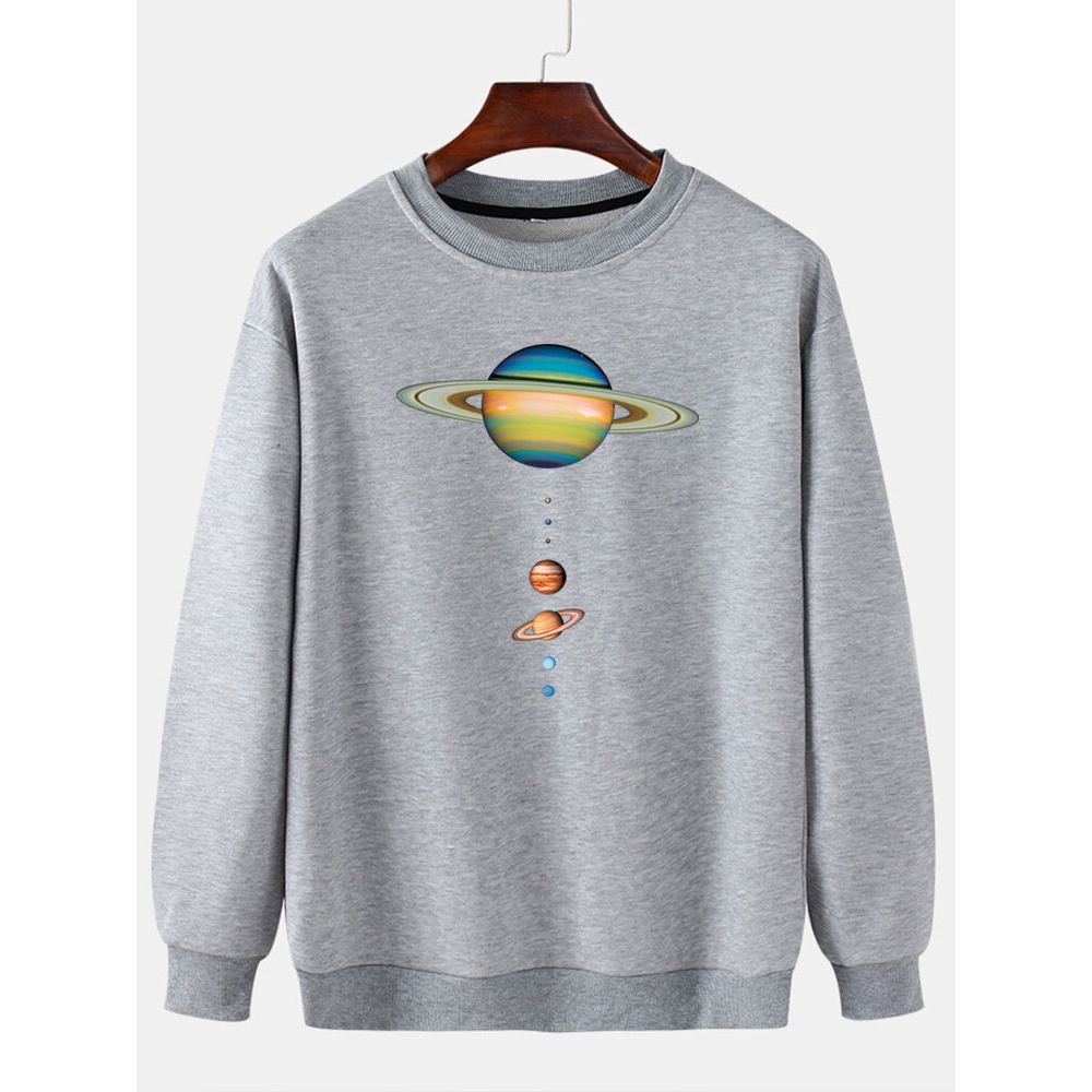 Mens Colorful Planet Print Crew Neck Casual Drop Shoulder Sweatshirts - White M