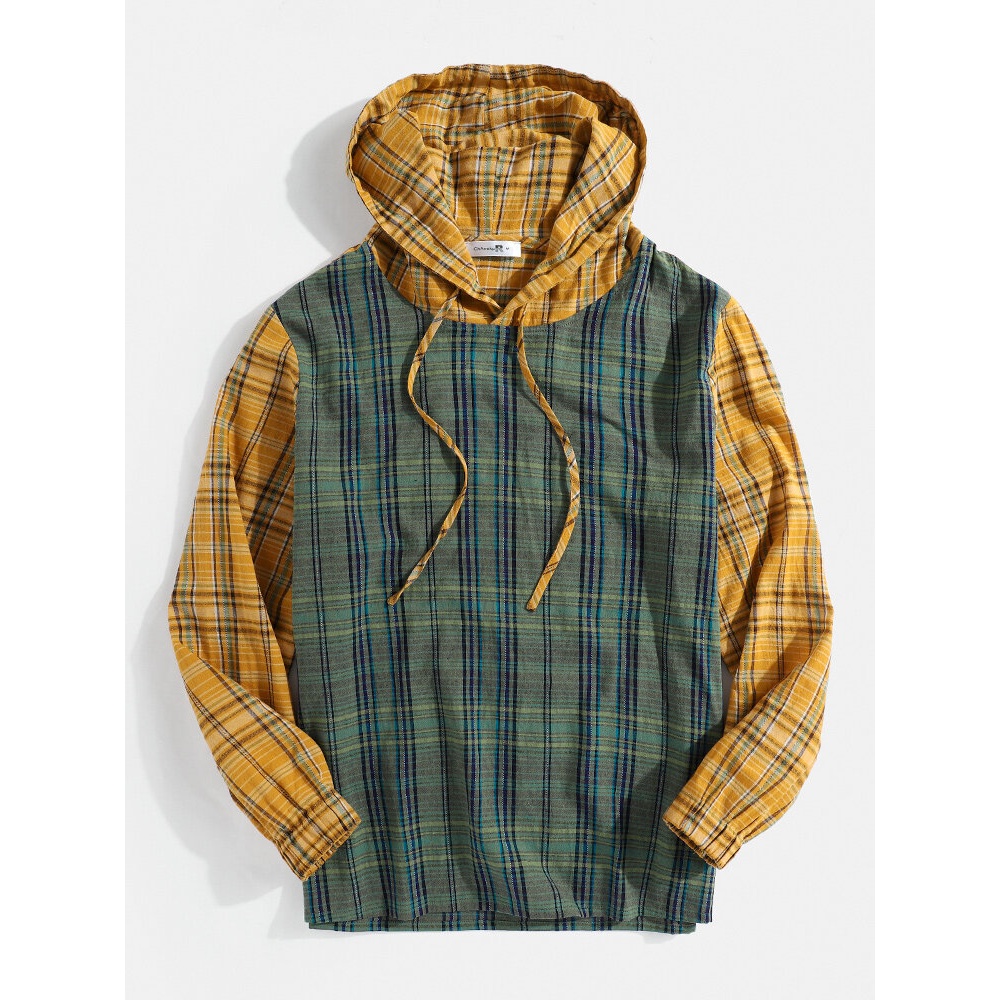 Mens 100% Cotton Contrast Plaid Patchwork Elastic Cuff Drawstring Hoodies - Green S