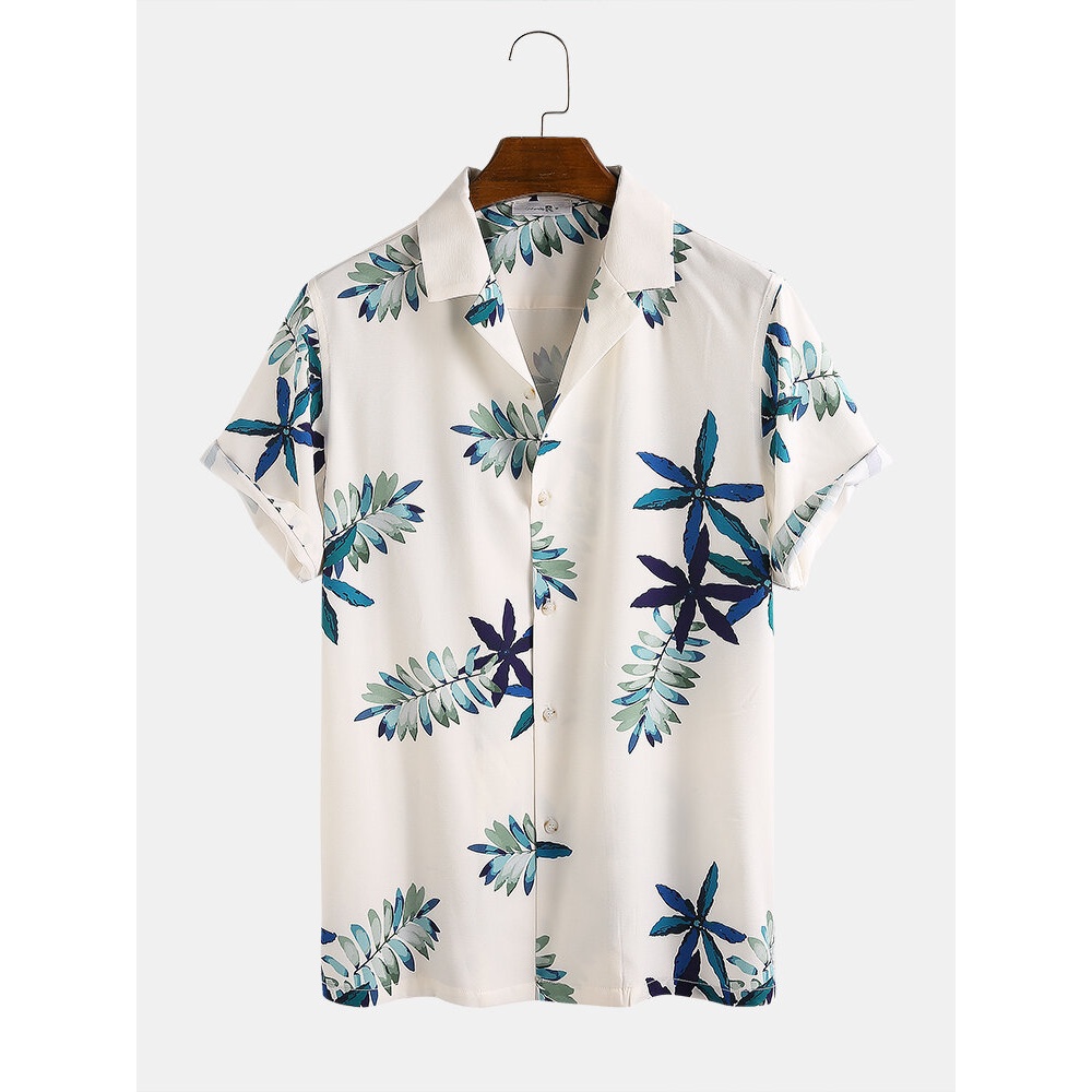 Mens New Leaf Print Turn Down Collar Short Sleeve Shirts - Apricot 3XL